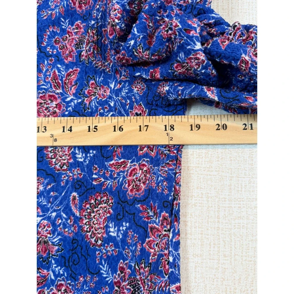 LOFT Women Blue Floral V-Neck Puff Ruched Sleeve Crinkle Blouse Top •L• Romantic